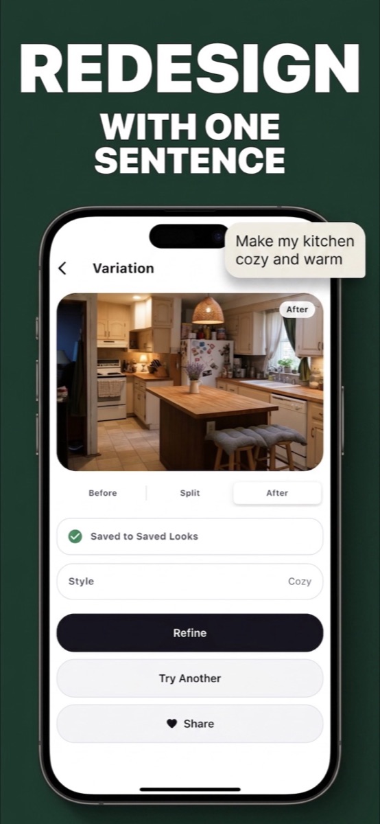 Redesign screen showing a kitchen transformed by the prompt 'make my kitchen cozy and warm'