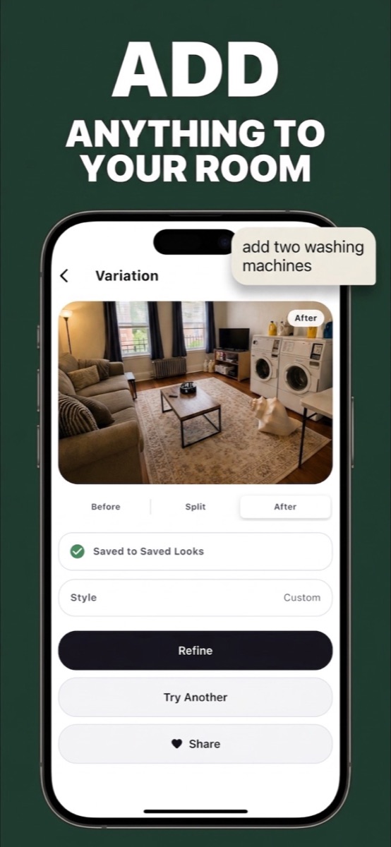 Variation screen showing two washing machines added into a living room photo