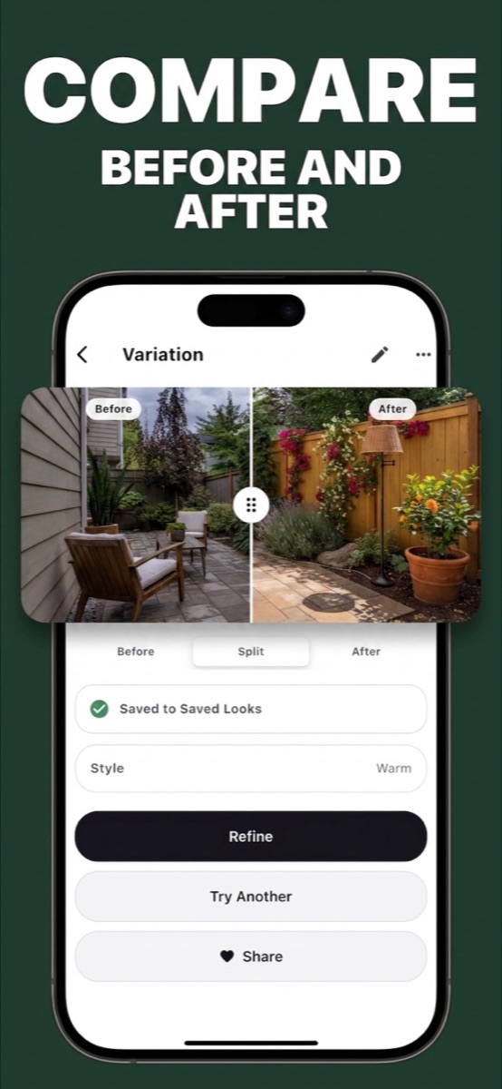 Split-view compare of a backyard before and after redesign