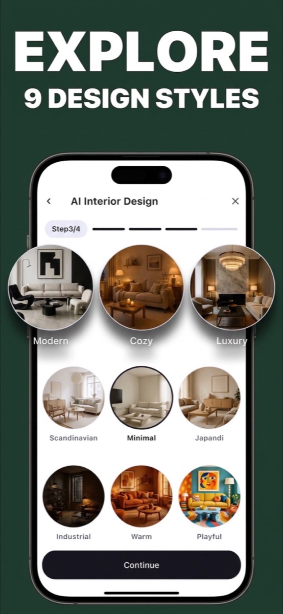 Style picker showing nine design styles including Modern, Cozy, and Japandi